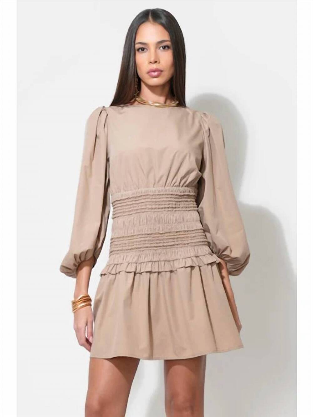 NEW ADELYN RAE nola 3/4 sleeve smocked mini dress in mocha